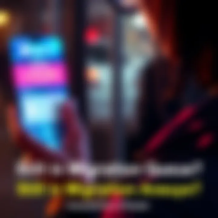 A concerned person looking at their phone with a migration app open, showing a loading screen and a long queue message.