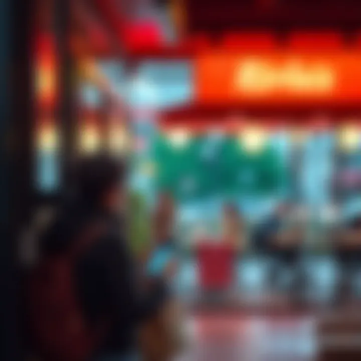 A frustrated person standing outside a restaurant, looking at their phone while waiting for their order to be ready.