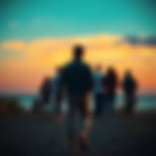 Person walking away A person walking away from a group, looking back with a thoughtful expression, symbolizing commitment issues.