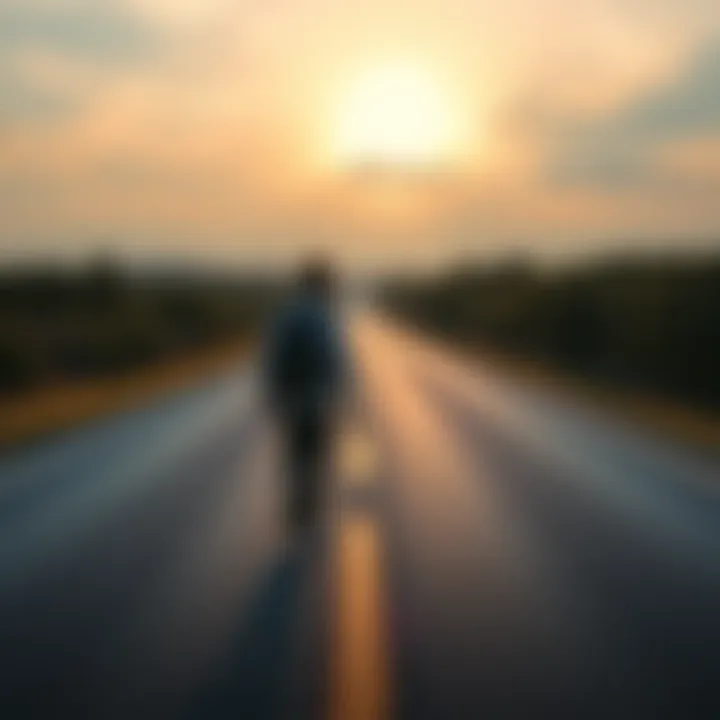 A person walking away from a gray, uninviting road towards a brighter, sunny path