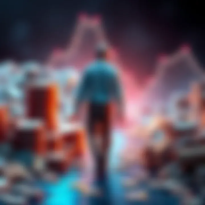 Person walking away from digital coins A person turning their back on piles of digital coins, symbolizing a departure from cryptocurrency. They are looking towards a clear path ahead.