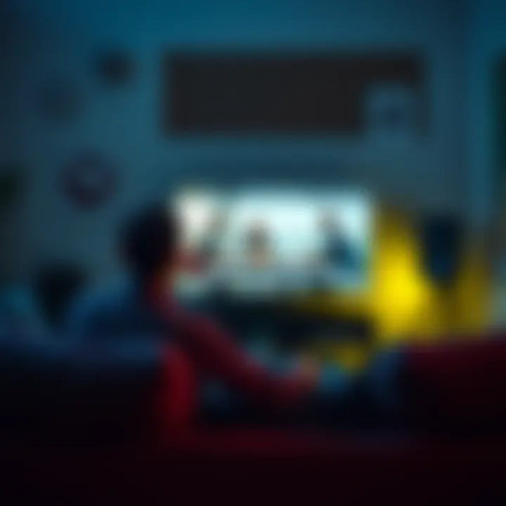 A person sitting on a couch, focused on a TV screen displaying a documentary about altruism and profit motives