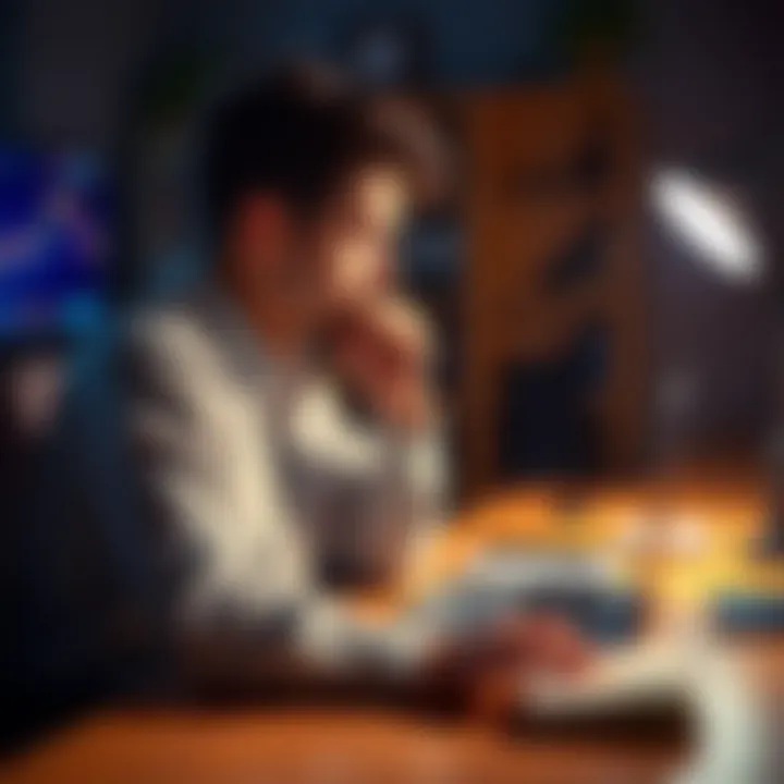 A person sitting at a desk, looking thoughtfully at a laptop displaying Bitcoin prices and a stack of bills, illustrating the struggle between investing in cryptocurrency and managing debt.