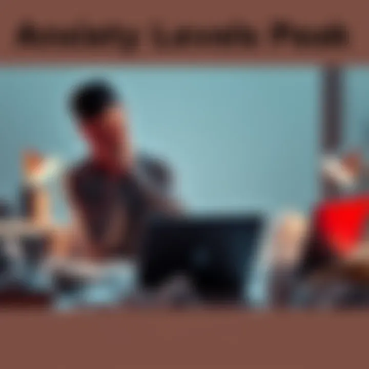 Individual sitting at a desk, holding their head in hands, surrounded by crumpled papers and a laptop, showing signs of anxiety.