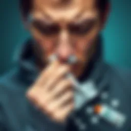 A person holding a tissue to their nose, looking uncomfortable and sneezing, surrounded by cold medicine