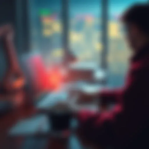 Individual focused on solving the BMO hack on a laptop, with notes and coffee nearby