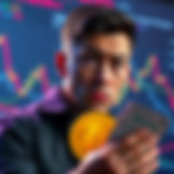 Concerned individual staring at a fluctuating Bitcoin price chart while holding stocks in the other hand