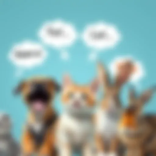 A variety of playful pets including a dog, cat, and rabbit with thought bubbles showing potential names over their heads.