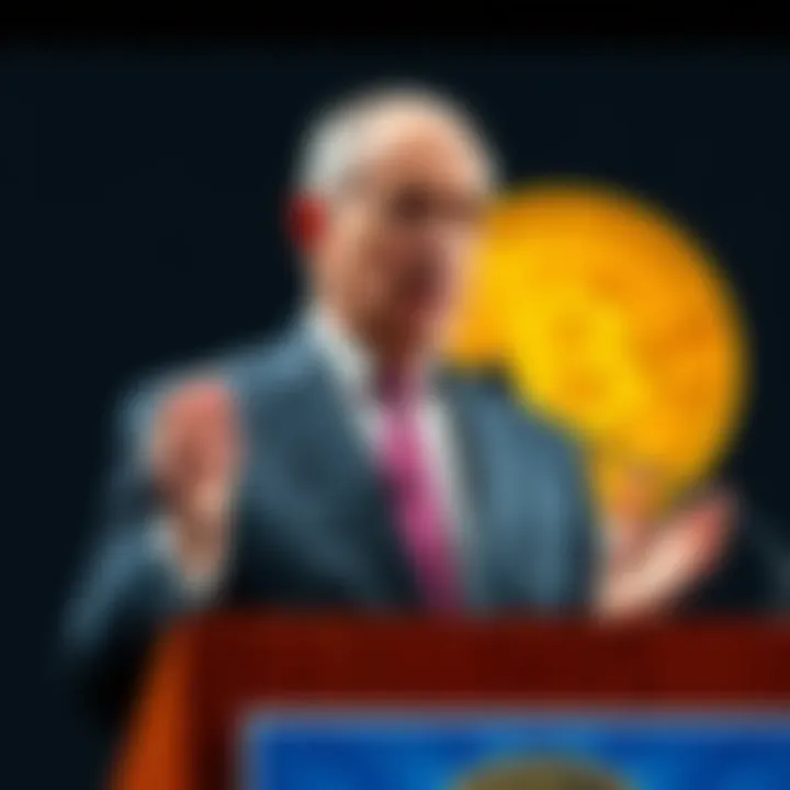 Peter Schiff speaking at a podium about Bitcoin's viability compared to the US dollar