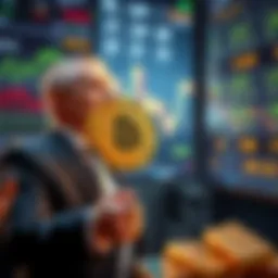 Peter Schiff stands with gold bars while holding a Bitcoin in his hand, looking thoughtfully at a digital screen displaying cryptocurrency prices