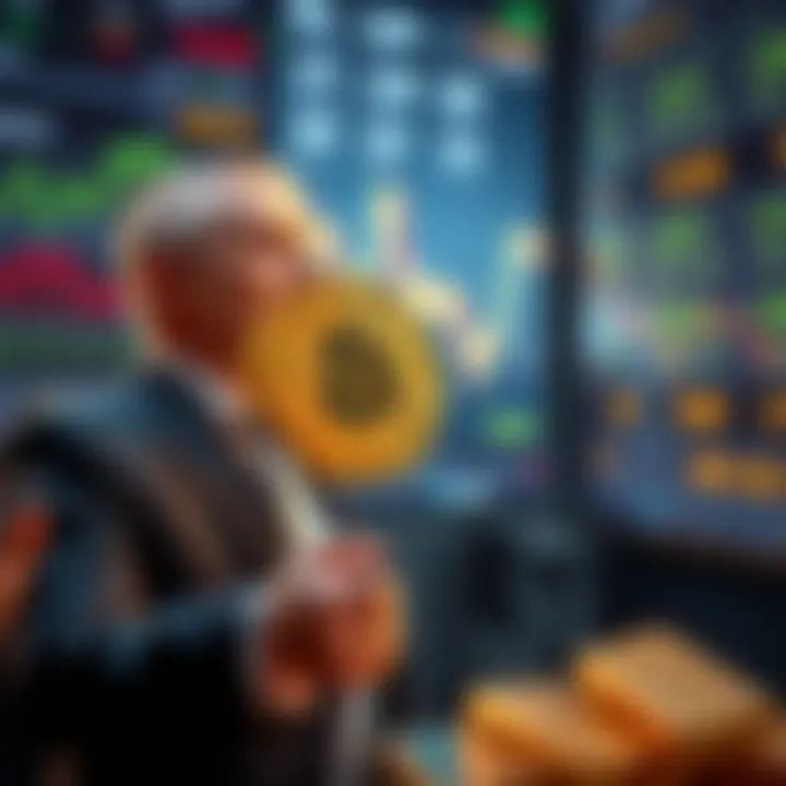 Peter Schiff stands with gold bars while holding a Bitcoin in his hand, looking thoughtfully at a digital screen displaying cryptocurrency prices