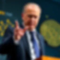 Peter Schiff gestures while challenging Trump for a debate, with a backdrop of a cryptocurrency graphic.