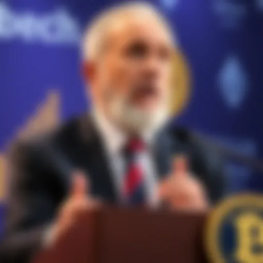 Peter Schiff discussing cryptocurrencies Peter Schiff speaking at a podium about Bitcoin and Ethereum business models