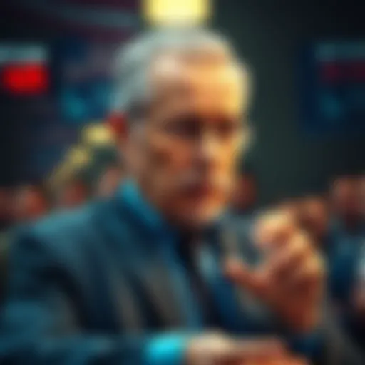 Economist Peter Schiff expresses concerns about Bitcoin potentially dropping to $20,000, with a worried crowd of investors in the background.