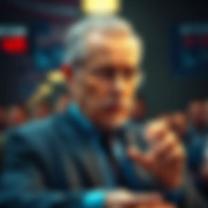 Economist Peter Schiff expresses concerns about Bitcoin potentially dropping to $20,000, with a worried crowd of investors in the background.