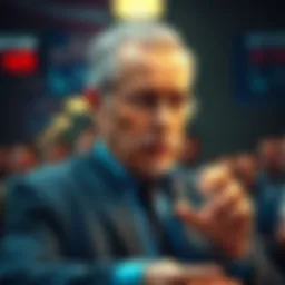 Peter Schiff Warns Bitcoin Could Fall Economist Peter Schiff expresses concerns about Bitcoin potentially dropping to $20,000, with a worried crowd of investors in the background.