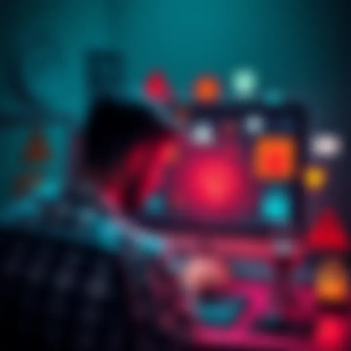 A person securing their cryptocurrency wallet on a computer, surrounded by warning signs and security icons.