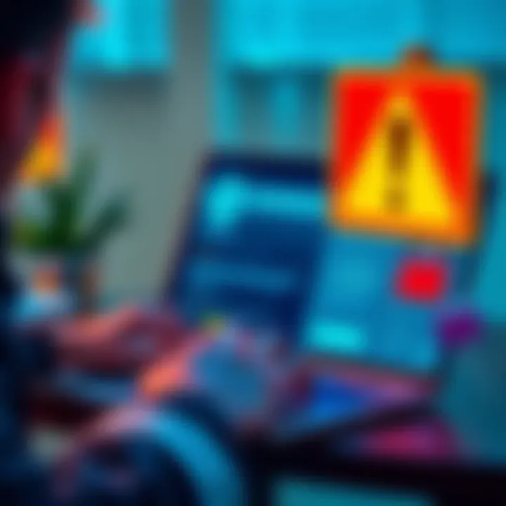 A person looking at a suspicious website on a laptop, showing caution signs and wallet icons nearby