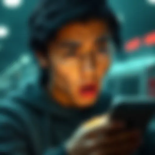 A worried person looking at their phone with a shocked expression after receiving a phishing message about a large transaction.
