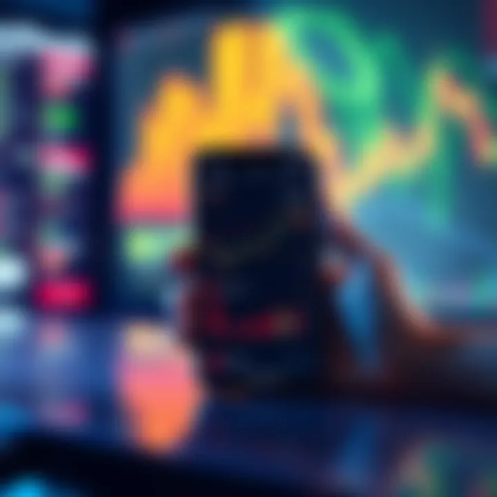 Phone displaying DeFi trading system A mobile phone showing an autonomous DeFi trading platform interface with charts and smart contracts