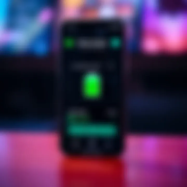 A smartphone with a battery icon and app details displayed, indicating high battery usage by the Revolut app