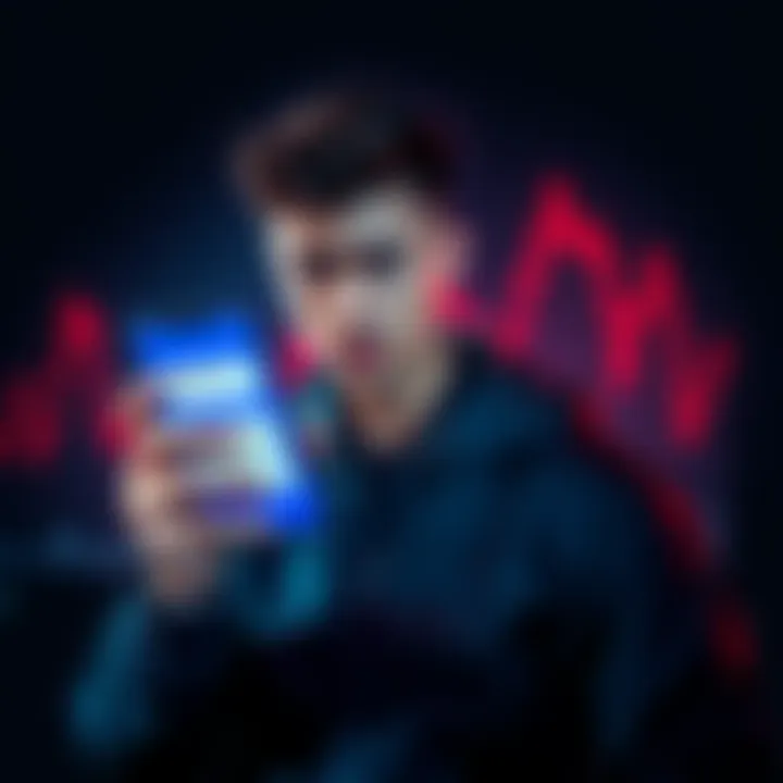 A person looking worried while holding a smartphone with a notification about a stolen phone; a graph showing a drop in cryptocurrency value in the background.