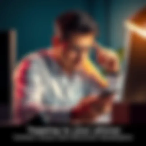 A person frustrated while trying to top up their phone online with a computer and smartphone in front of them.