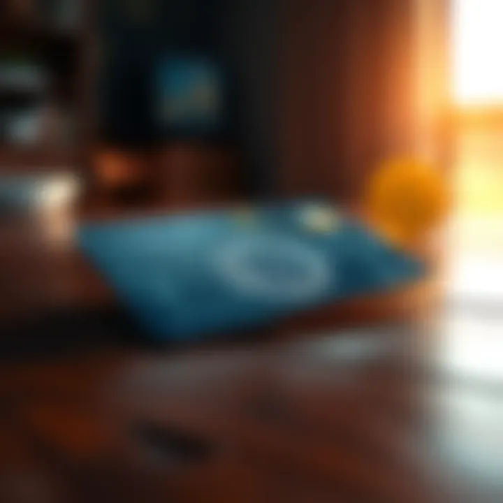 A physical crypto card resting on a wooden table with a Bitcoin symbol and digital designs