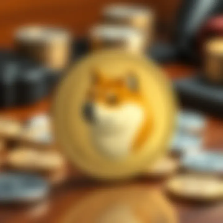 A shiny physical Dogecoin coin featuring a Shiba Inu dog, placed on a wooden desk among other coins.