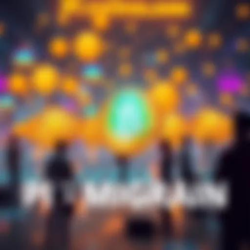 A visual representation of PI coins migrating with people observing the process, highlighting anticipation and excitement.