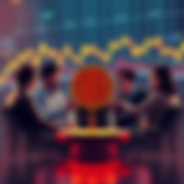 Pi core team avoiding publicity A group of people discussing strategies for crypto without any promotional materials, symbolizing low-key approach, with a backdrop of financial charts.