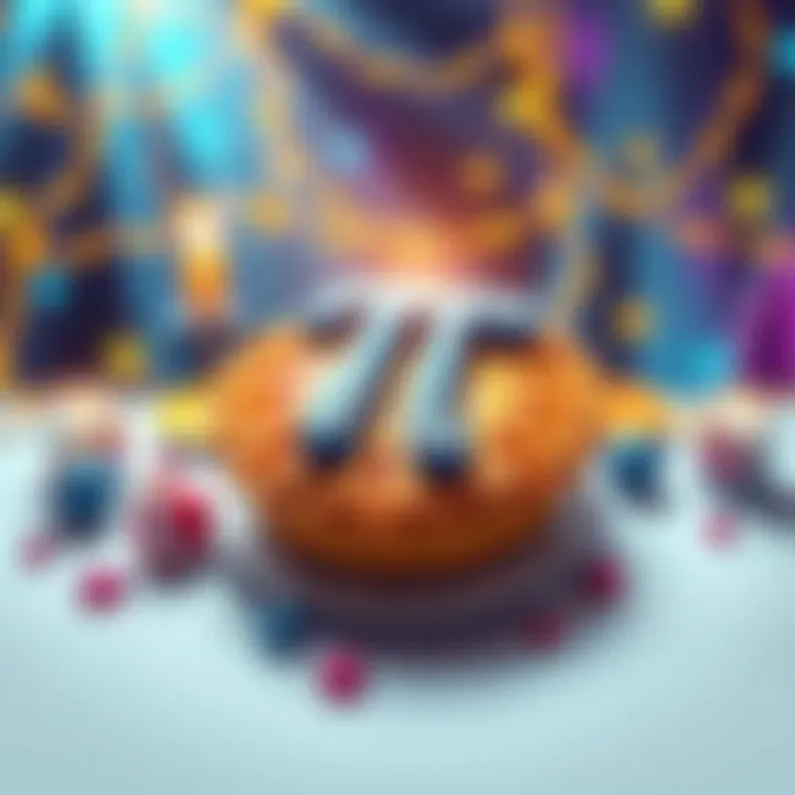 A festive scene with a pie symbolizing Pi Day and digital currency icons celebrating BitMart's anniversary.