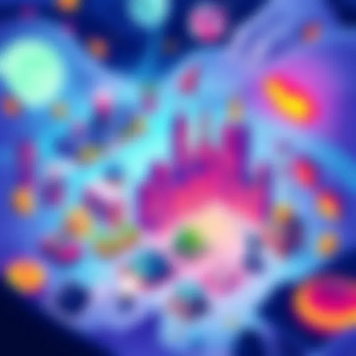 Dynamic Gameplay on the Pi Network A vibrant illustration showcasing various games thriving on the Pi Network, featuring elements of city building and competition.