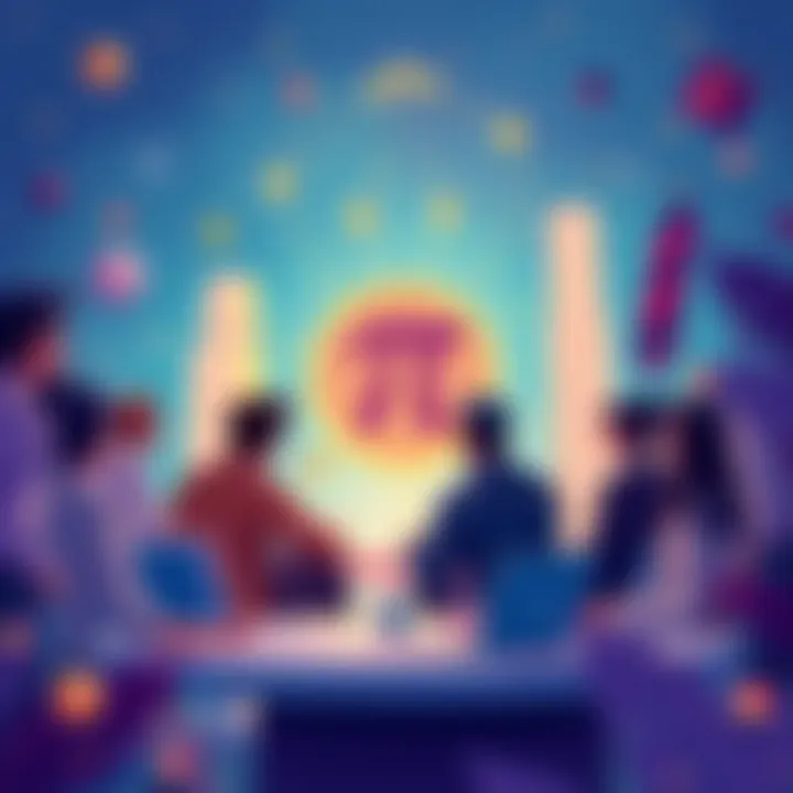 Illustration showing community members discussing and collaborating on governance issues related to the Pi Network, with decentralized elements in the background.
