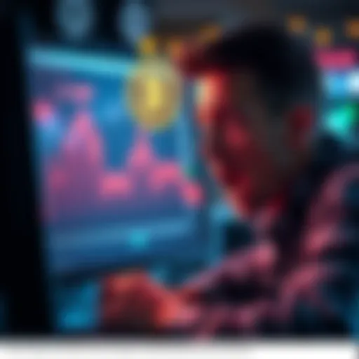 A shocked person looking at a computer screen showing a graph with a sudden drop in pi coin value, expressing concern over lost digital assets.