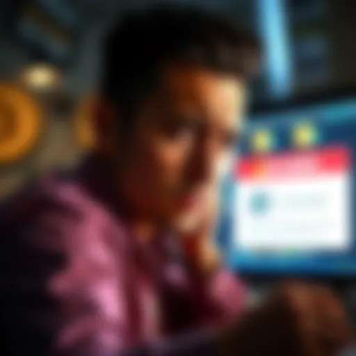 A concerned community member looking at a computer screen with Pi coins displayed, showing a 'returned' status message. They appear frustrated and uncertain about the next steps to take.