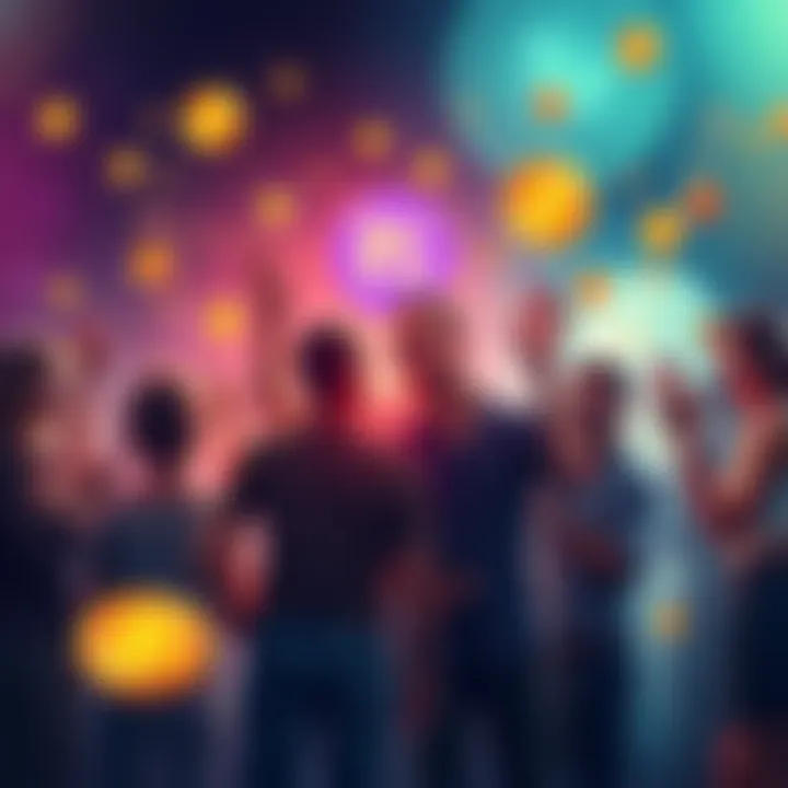 A group of diverse people collaborating, showcasing the growing Pi community with symbols of cryptocurrency around them.