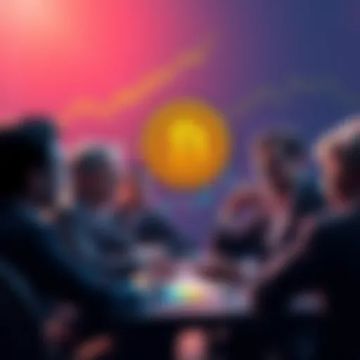 A group of people discussing cryptocurrency investment strategies with charts and graphs related to Pi cryptocurrency