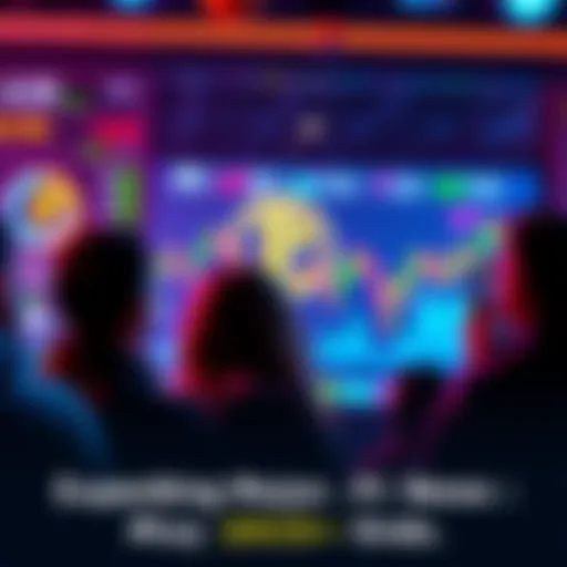 People looking at a digital screen displaying Pi Network price trends and crypto market activity, with excitement about potential announcements.