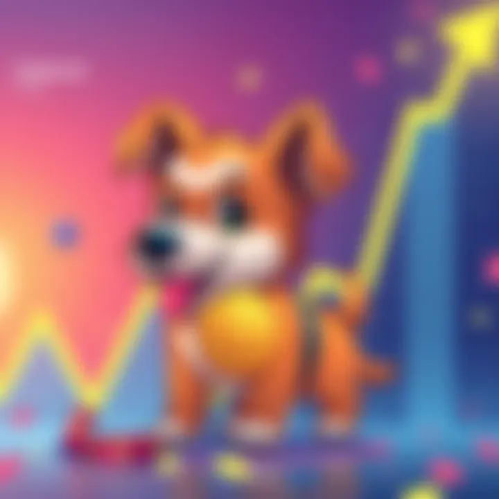 A cartoon dog representing Pi Network Dog cryptocurrency, with a rising graph in the background symbolizing investment growth.
