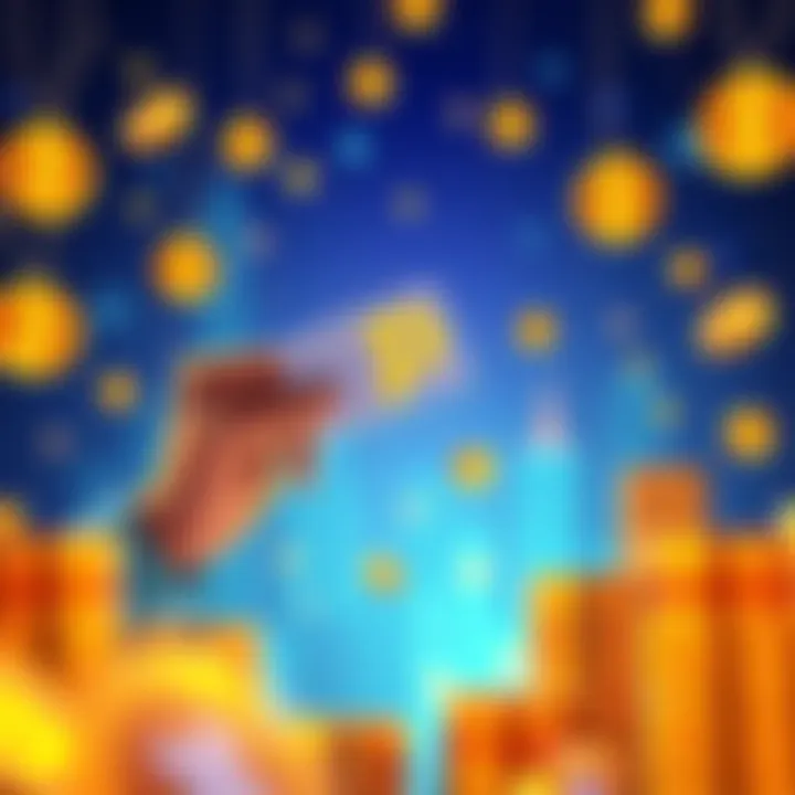 Illustration of a person receiving rewards for validating in the Pi network, with tokens representing benefits in the background.