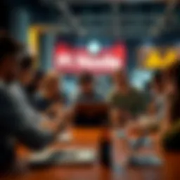 A group of people discussing Pi Node rewards at a table with laptops and smartphones, showing interest and sharing experiences.