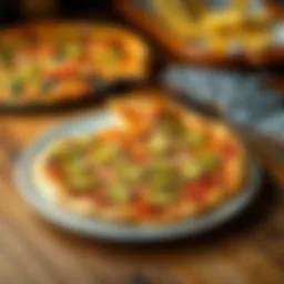 A freshly made pickle pizza topped with slices of pickles on a wooden table