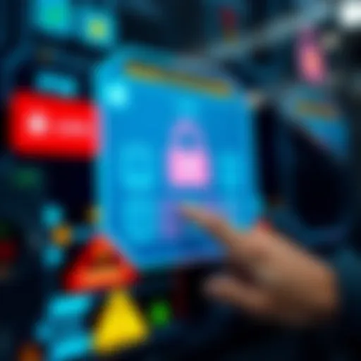 Close-up of a digital screen showing a PIN entry pad with locks and warning signs