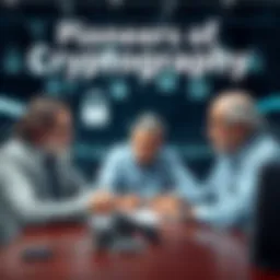 Whitfield Diffie, Martin Hellman, and Ralph C Merkle discussing concepts of cryptography in a collaborative setting, with symbols of locks and keys in the background.