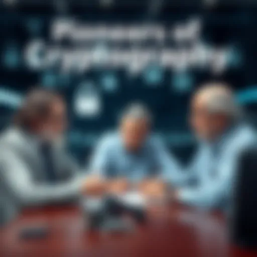 Whitfield Diffie, Martin Hellman, and Ralph C Merkle discussing concepts of cryptography in a collaborative setting, with symbols of locks and keys in the background.