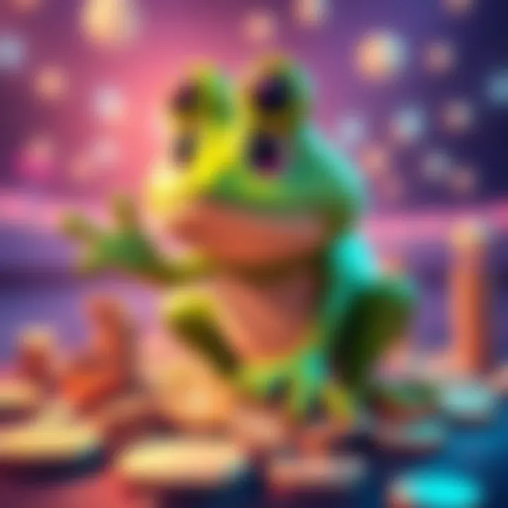 A vibrant graphic showing Pippin Pepe, a cartoon frog character, with coins around during its fair launch phase, symbolizing investment opportunities.