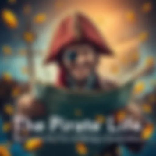 A pirate holding a treasure map with a playful smile, wearing a tricorn hat and eye patch, surrounded by gold coins and a ship in the background.