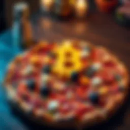 A large pizza topped with various ingredients, featuring a Bitcoin symbol made of cheese on top, representing the famous 10,000 BTC pizza transaction