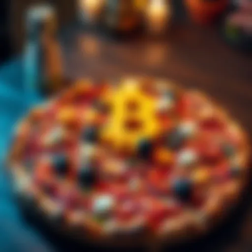 A large pizza topped with various ingredients, featuring a Bitcoin symbol made of cheese on top, representing the famous 10,000 BTC pizza transaction